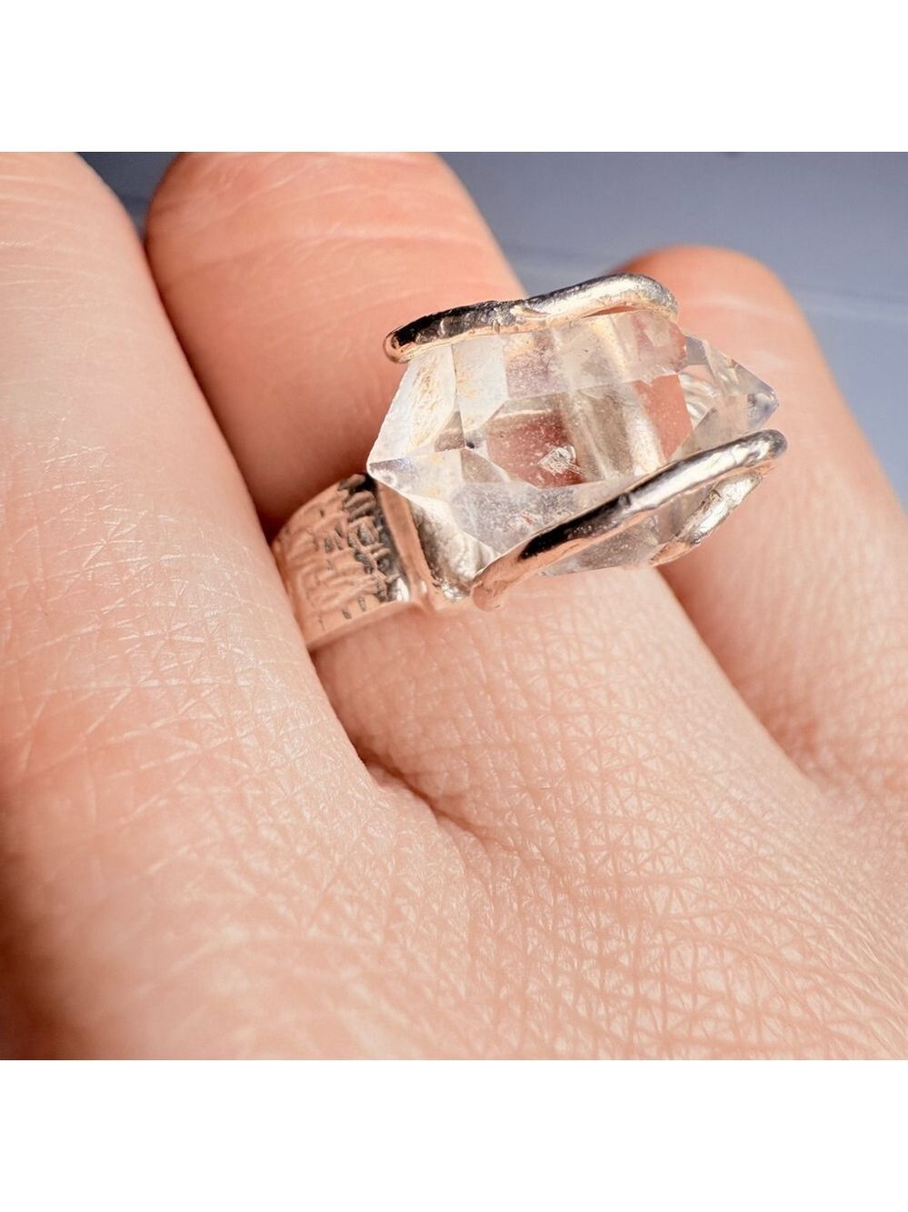 Artisan Brutalist Wire Wrap Rough Quartz Rock Crystal Sterling Silver 925 Ring - Picture 8 of 10